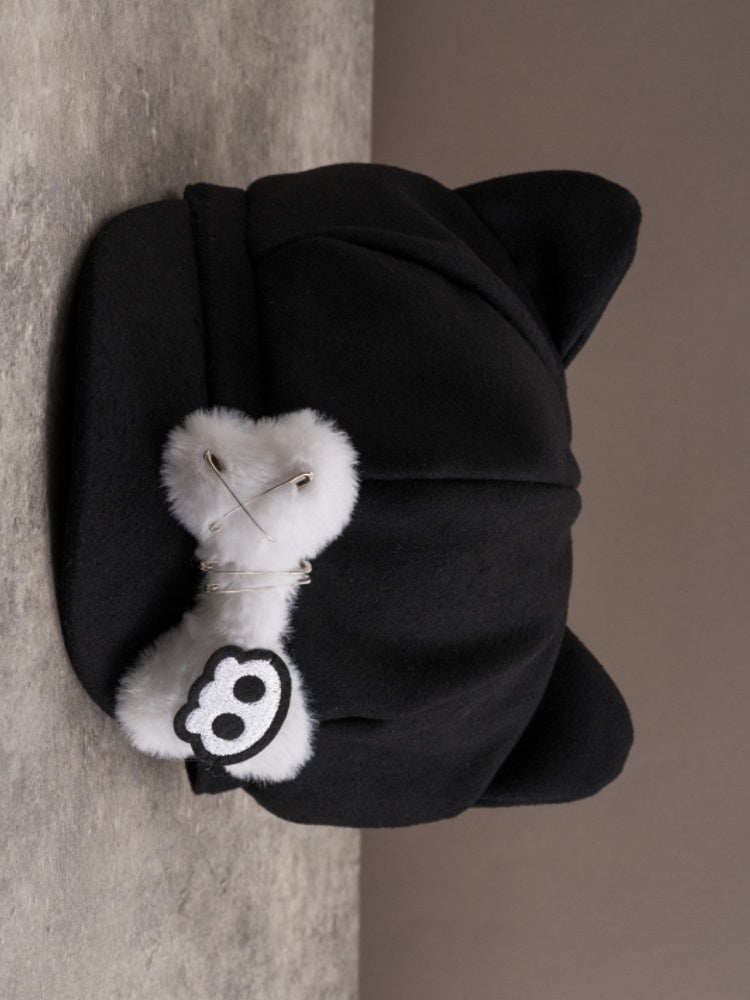 Black Applique Beret Pin Gothic Hat Bone Ear Skeleton Plush Decorated Design Cat