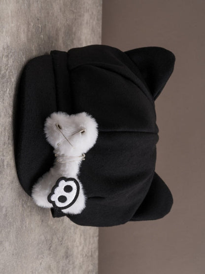 Applique Beret Bone Pin Cat Hat Plush Skeleton Design Decorated Ear Gothic Black