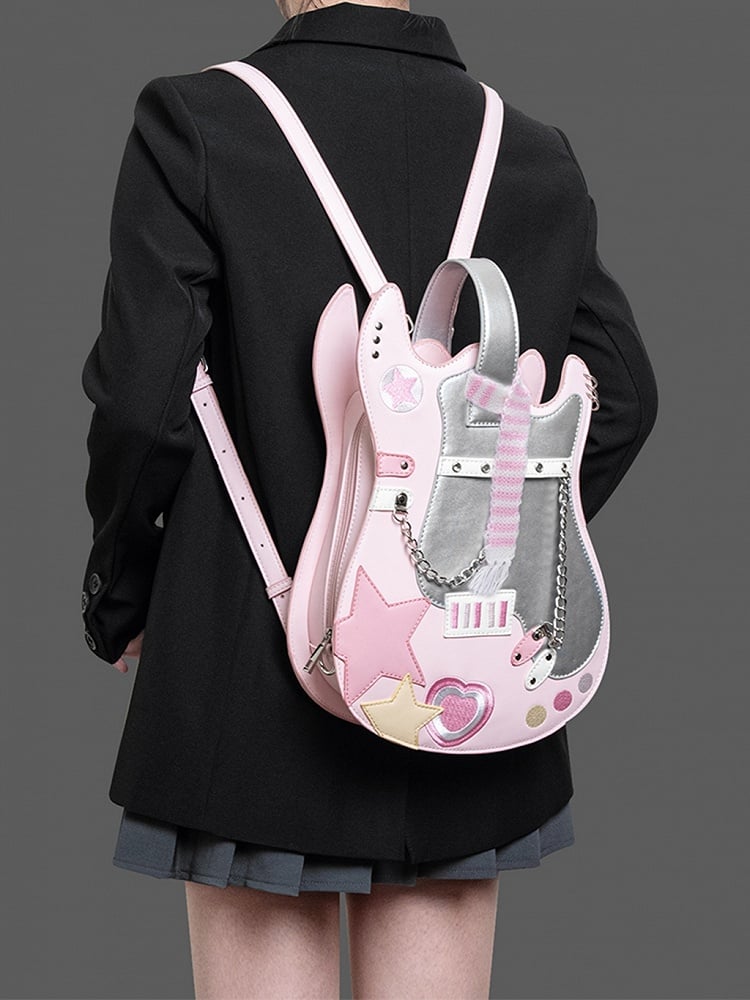 Design Bag Guitar-shaped Pink Silver Star Sweetheart Embroidered