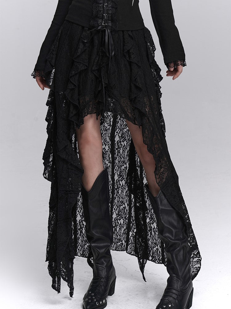 Hem High-Low Skirt Black Gothic Halloween Cascading Asymmetrical with Ruffle