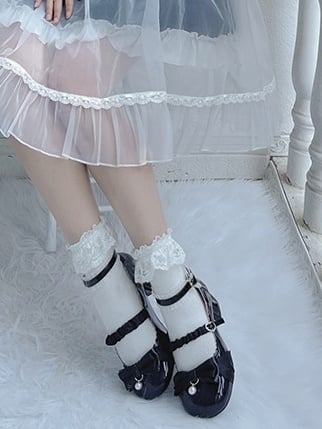 Black Bowknot Heart Buckle Strap Lace Block Heel Lolita Mary Janes