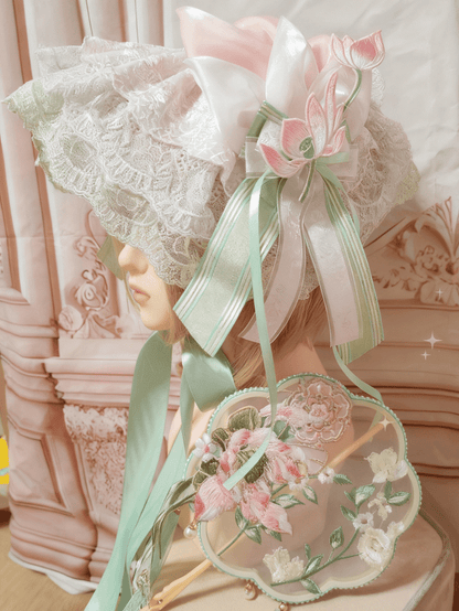 Lolita Embroidery Lotus Lace Hat Pink-Green Flat