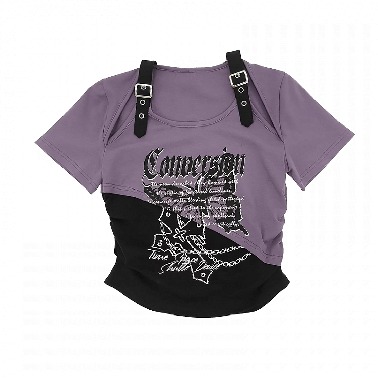 バタフライプリントTシャツ ショートカラーブロック カットアウトショルダーバージョン レッド/ピンク/パープル Y2K
