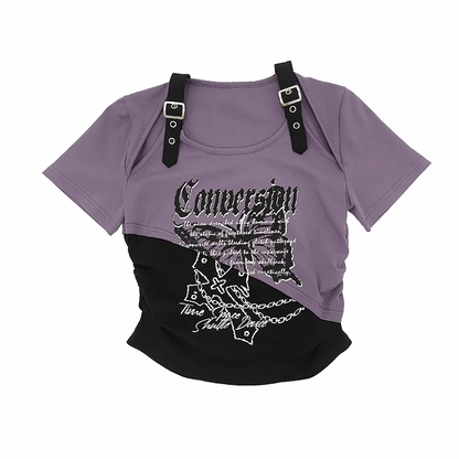バタフライプリントTシャツ ショートカラーブロック カットアウトショルダーバージョン レッド/ピンク/パープル Y2K