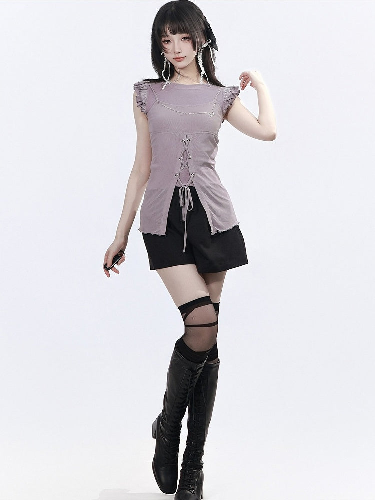 Dusty Purple Two-Piece Set: Flutter Sleeve Top and Split Cami - PINK SAVIOR