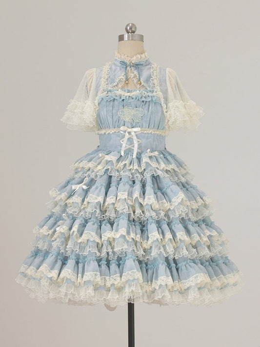 Stickerei Kleid Details Lolita und mit Rüschen Blau Süße Tiered Goldfisch Spitze