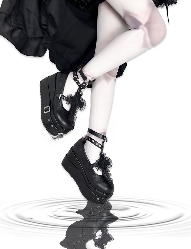 Matte Black Gothic Lolita Lace Trim Cross Platform Shoes