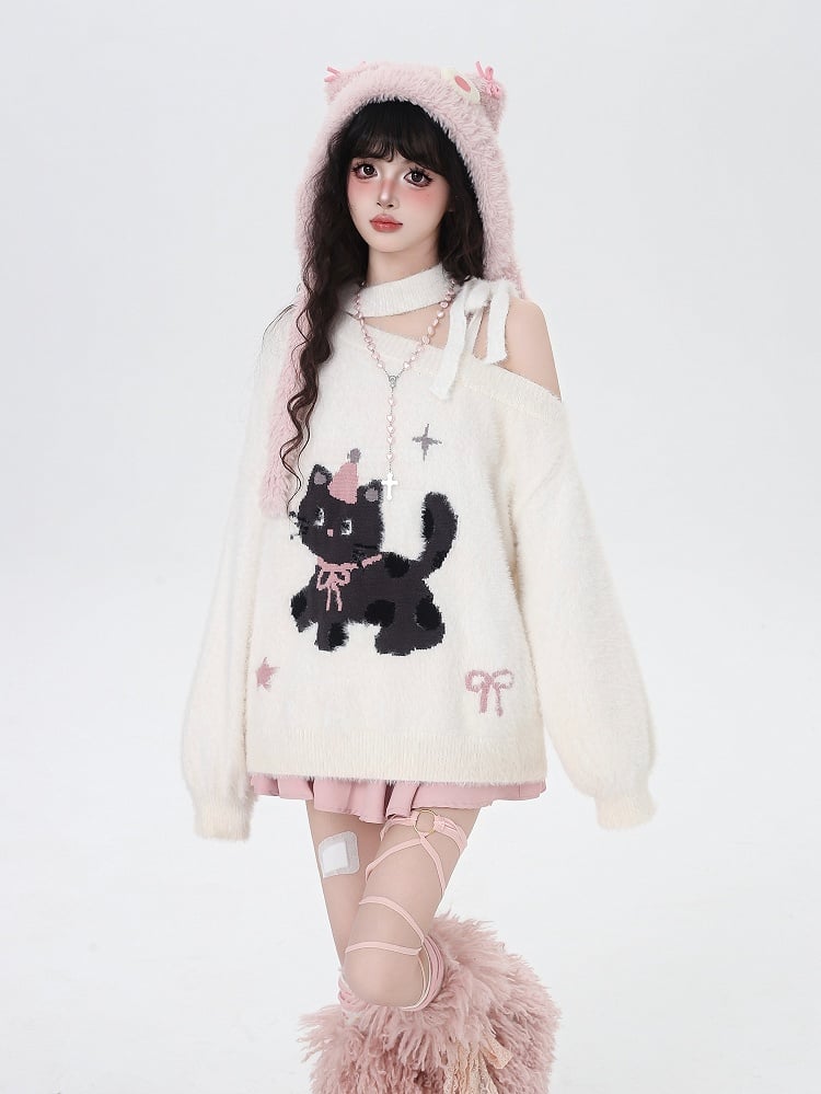 Pink/White Cozy One-Shoulder Fuzzy Balloon Sleeve Sweater with Cat and Bow Patterns