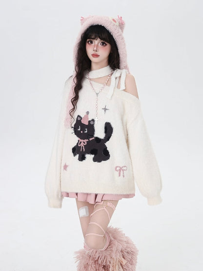 Pink/White Cozy One-Shoulder Fuzzy Balloon Sleeve Sweater with Cat and Bow Patterns