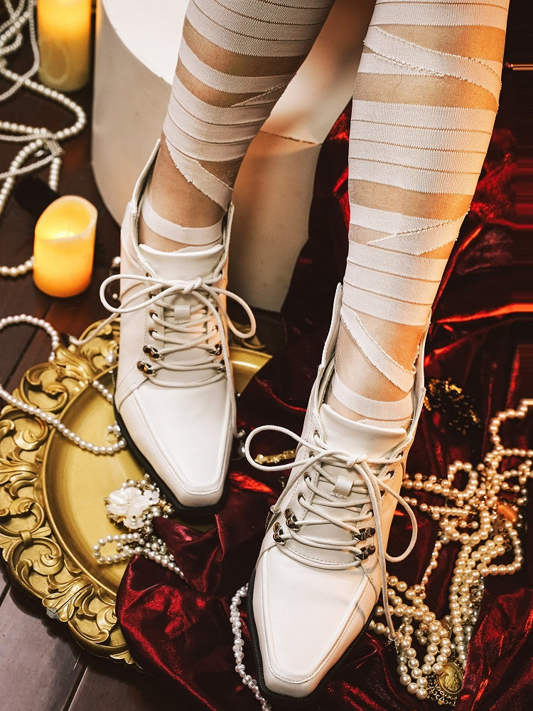 Wineglass-shaped Ties Heel White Boots Gothic Lace-up Front