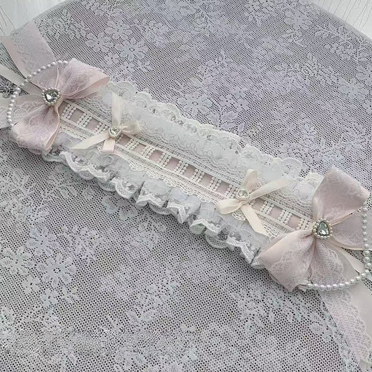 Black and White / Pink and White Bow Lace Hairband with Bead Chain Decoration - Ekomi