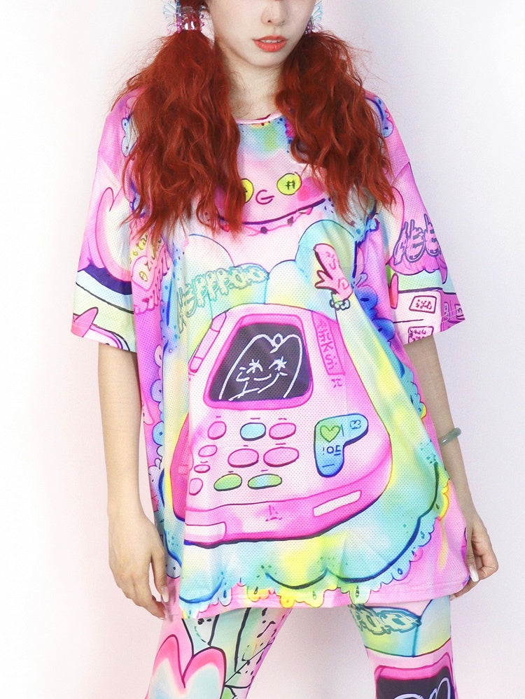 Colorful Y2K Sleeve Short Cartoon Print T-Shirt