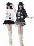 Gray T-shirt Anime Girl Print White/Dark Round Neck Cotton