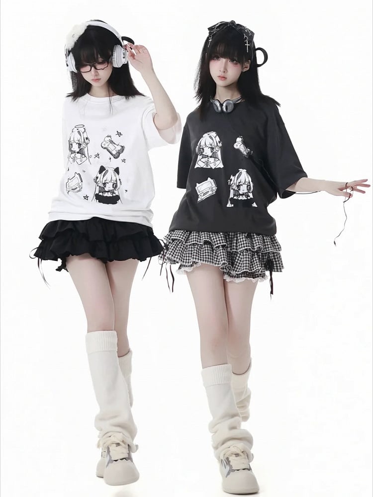 Gray T-shirt Anime Girl Print White/Dark Round Neck Cotton