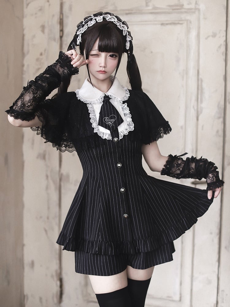 Striped Dress with Lace Cape and Shorts Set - Ekomi