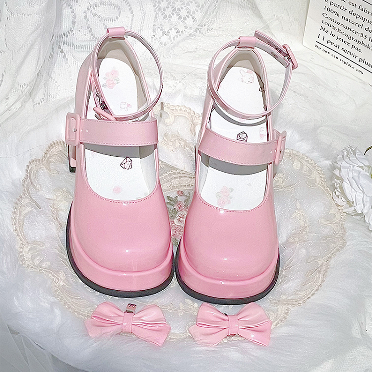 グラデーションピンクの取り外し可能な蝶結びプラットフォームハイブロックヒールロリータシューズ