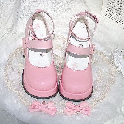 グラデーションピンクの取り外し可能な蝶結びプラットフォームハイブロックヒールロリータシューズ