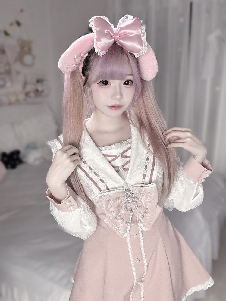Sailor Pink Long Dress and Shorts Matching - Navycore Collar Kei Jirai Outfit Sleeves