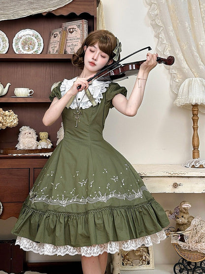Embroidered Music Note Motif Green Dress with Puff Sleeves and Lace Collar - Surface Spell