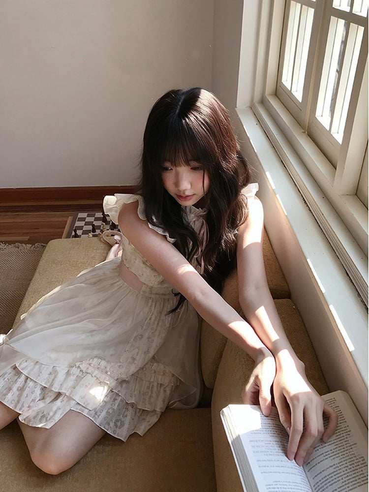 White Seiso-Kei Floral Flutter Sleeve Dress Ruffle - LA LA JK