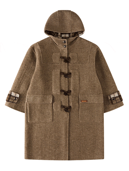 and Duffle Hood Coat with Wool Plaid Brown Lining Long