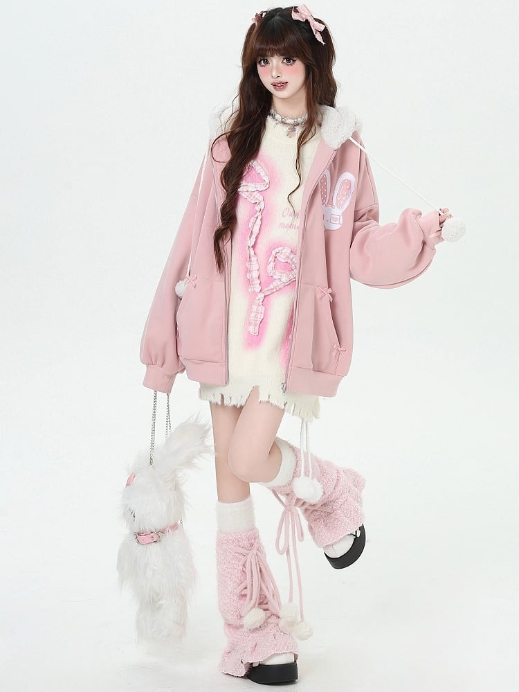 Schwarz/Rosa Kapuzenjacke mit Hasen-Katzenohren-Design