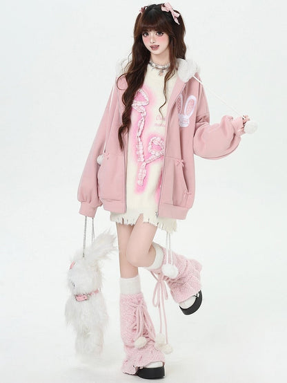 Schwarz/Rosa Kapuzenjacke mit Hasen-Katzenohren-Design