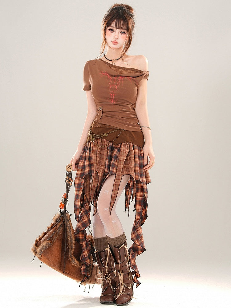 Brown/White Asymmetrical Neckline Ruched Printed Top