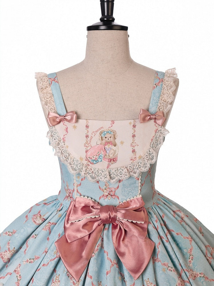 Blue and Pink Sweetheart Doll-Themed Lolita JSK with Toy Bed Print, Bow and Lace Accents - Alice Girl