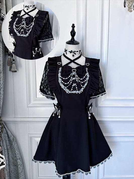 Black Bead Chain Decorated Short Sleeve Dress Set with Shorts and Bow Tie - Angel Share