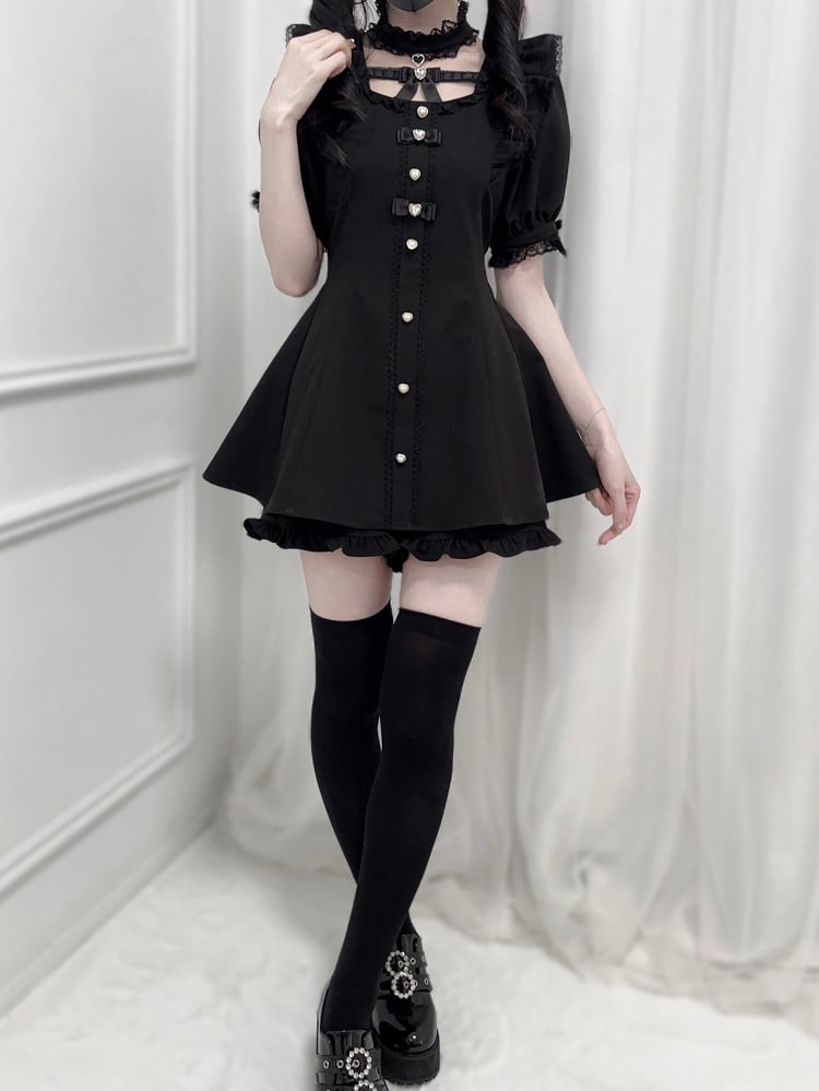 - フリル袖セルフタイボウバックミニドレス + ショートパンツ（ブラック） + ジライケイチョーカーセット