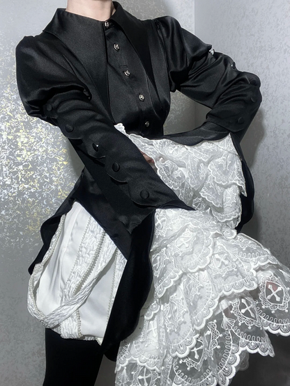 Tail Long Shirt Spitzkragen Gothic Foldover Ouji Ärmel Lolita Schwarz