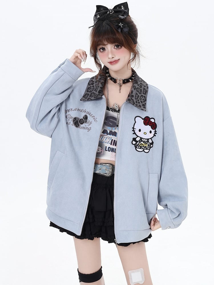Blue Kitty Leopard Collar Baseball Jacket