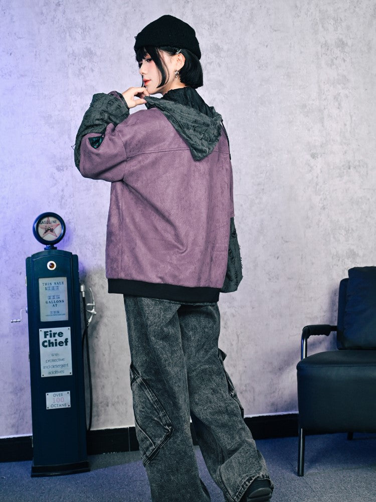 Gothic Gray with Sleeves Suede Jacket Distressed Faux Embroidery Bishop Purple Applique Baseball