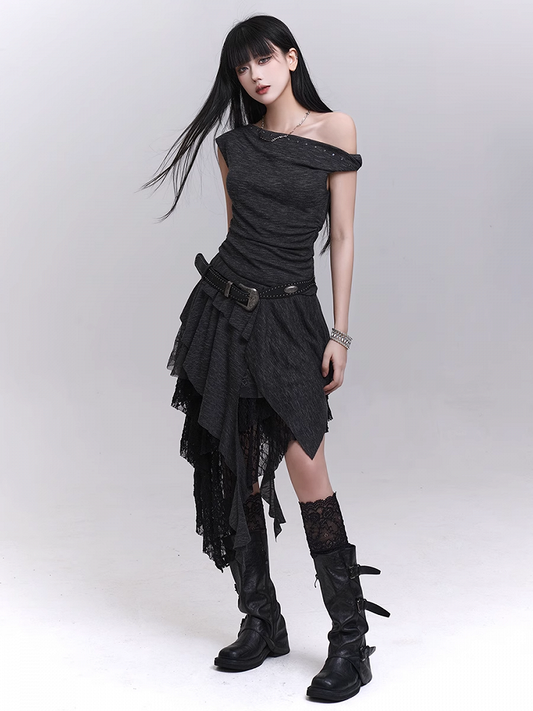 Buckle Studded Asymmetrical Neckline Cascading Ruffles Belt with Dress