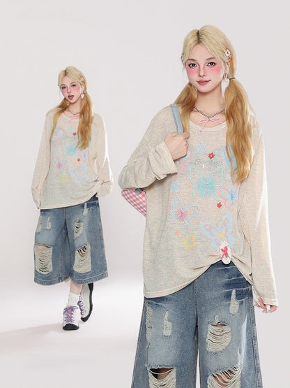 Long Top Embroidery Sleeve Semi-Sheer White/Yellow and Print Butterfly with