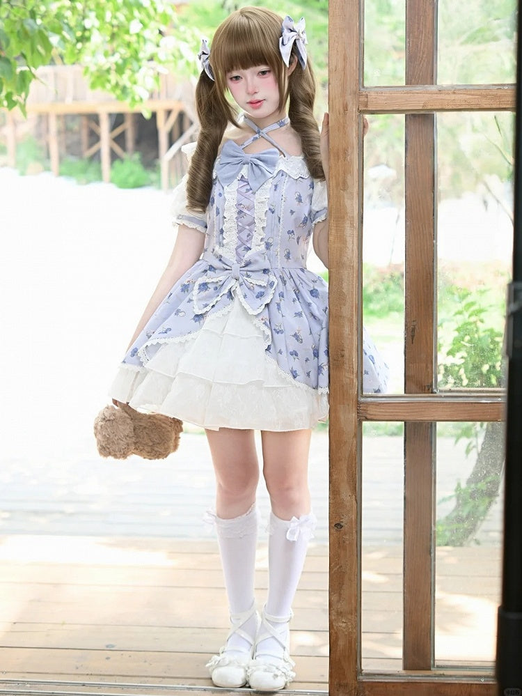 OP Neck Sweet Lolita Kleid Lila Hortensien Druck Offene Schulter Neckholder Licht