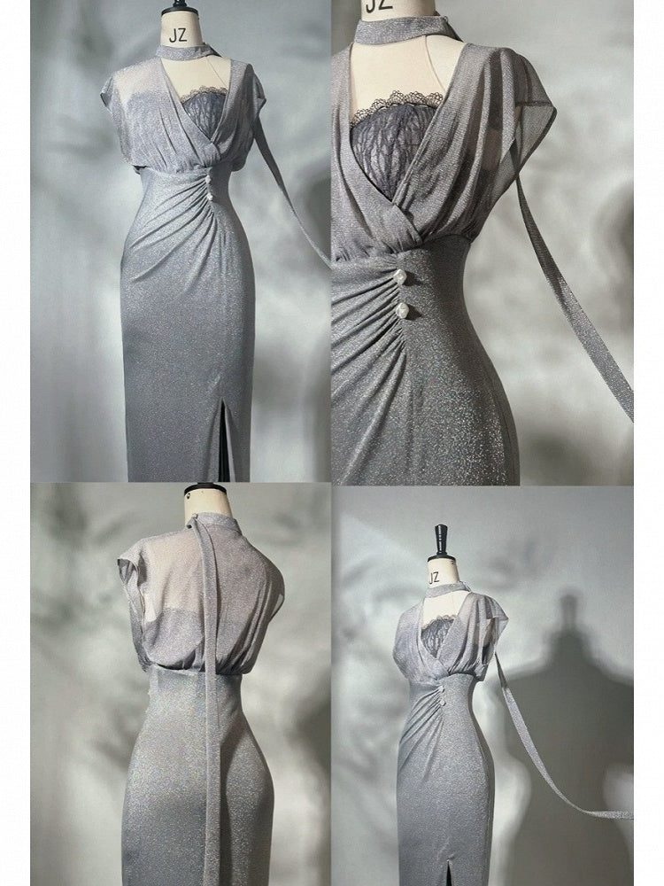 Elegant High Waist Long Dress with Side Slit and Concealed Zipper - sijinstudio