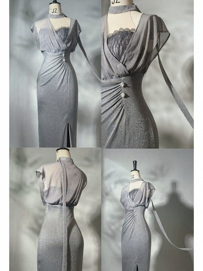 Elegant High Waist Long Dress with Side Slit and Concealed Zipper - sijinstudio