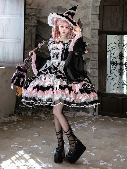 Witch-Themed Cross Accent Lolita JSK Full Ensemble in Black and Pink with Bow Train, Cape, Detachable Sleeves, Hat and Outer Sleeves - Felinae Cookie