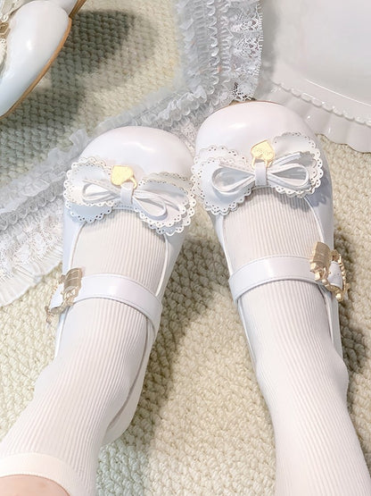 Cake White Buckle Heart Sweet Low-Heel Janes Lolita Multilayer Bow Top - Mary
