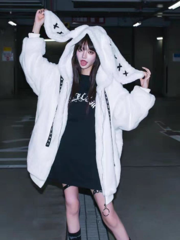 Dark Jirai Kei Plush Bunny Ear Hooded Winter Coat with Crossed Detail | Purple / Black / White