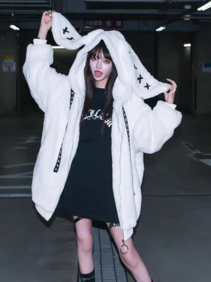 Dark Jirai Kei Plush Bunny Ear Hooded Winter Coat with Crossed Detail | Purple / Black / White