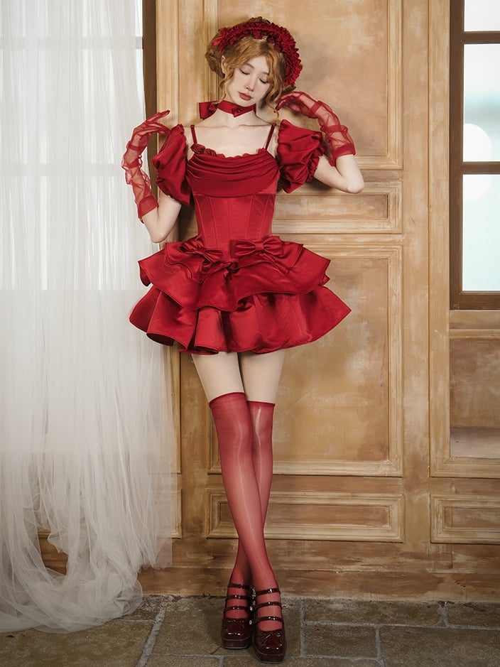 Full Lolita Jumper Skirt Set with Boned Basque Waist & Cowl Neckline, Red - With PUJI