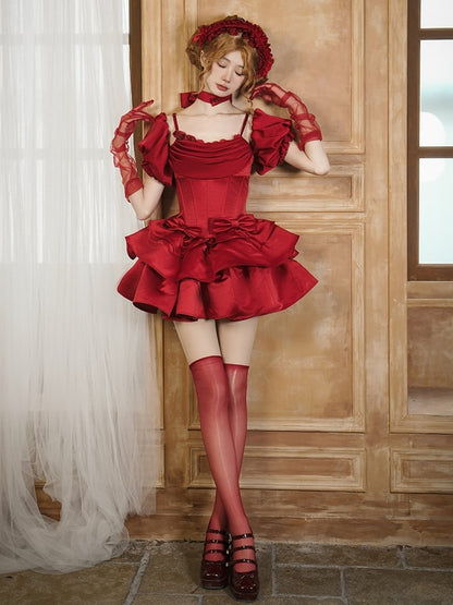 Full Lolita Jumper Skirt Set with Boned Basque Waist & Cowl Neckline, Red - With PUJI