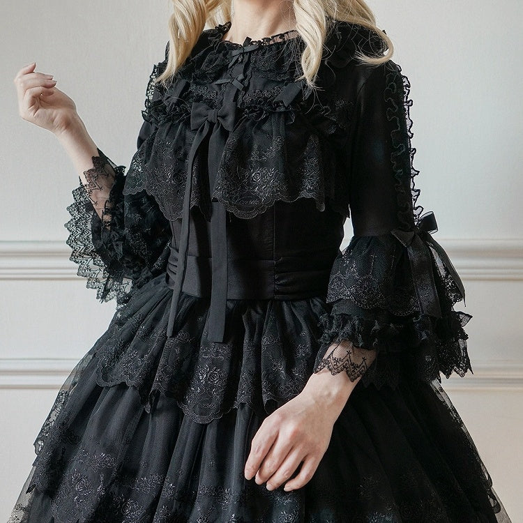 袖付きネックライン ブラック 3/4 ロリータ フリル ブラウス