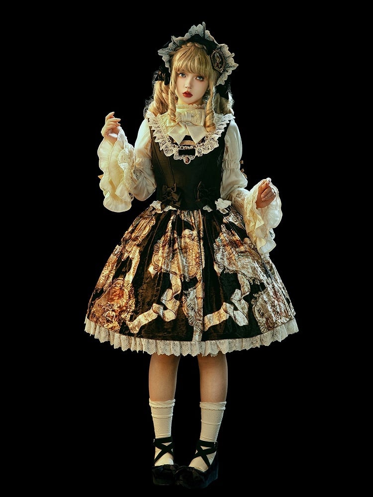 Lace-Trimmed Baroque Classic Black Set Top+Skirt Lolita Elegant