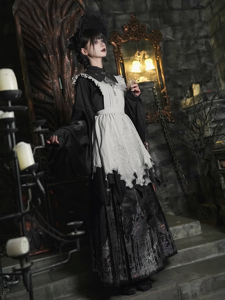 Top Hem Lolita Han Long Curved Silver with Gothic Black Embroidery