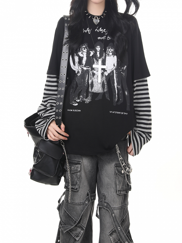 Rock Sleeve Two-Piece Band Faux Detail Print Top Punk with Black and Striped