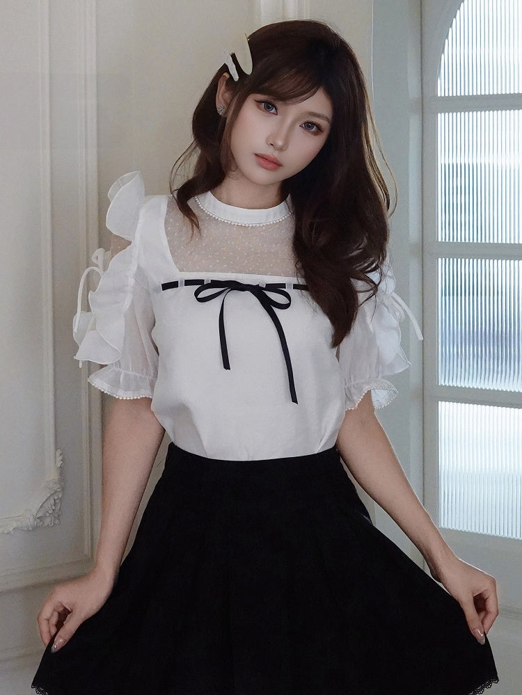 Plus Size White Seiso-kei Cutout Shoulder Blouse with Tulle Panel and Ruffle Accents - Smyster